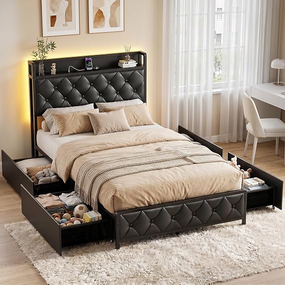 Twin Bed Frame with Headboard, LED Platform Bed with Storage Charge Station