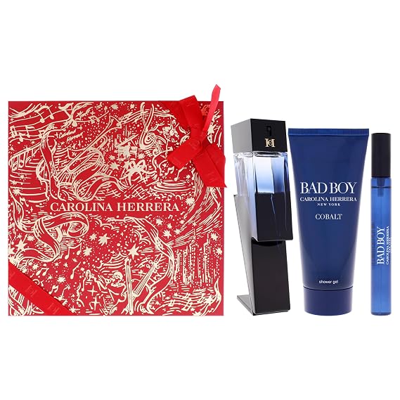 Carolina Herrera Bad Boy Cobalt 3-Piece Gift Set for Men, (Eau De Parfum 3.4 oz + Shower Gel 3.4 oz + Travel Spray 0.34 oz) Limited Edition