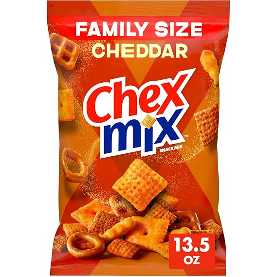 Chex Mix Cheddar Snack Mix, Family Size, 13.5 oz | Corn & Wheat Chex, Pretzels, Cheese Crackers, Mini Breadsticks, 50% Less Fat than Regular Potato Chips