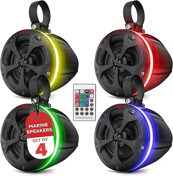 Pyle 800W Waterproof Off-Road Speakers - 4-Inch 2-Way Marine Grade Wakeboard Tower Speaker System with RGB Lights - Full Range Outdoor Audio for ATV, UTV, 4x4, Jeep, Boat, and More (2 Pair)