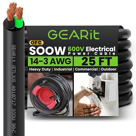 GEARit 25 ft SOOW Portable Power Cable, 14/3 Gauge for Generator, 600V