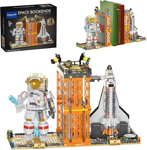 Space Bookend Building Block Toy Set with LED Bricks, Creative Aerospace Astronaut Building Bookstand Model, Home Decor Gift Ideas for Children and Adults (1623 pcs)