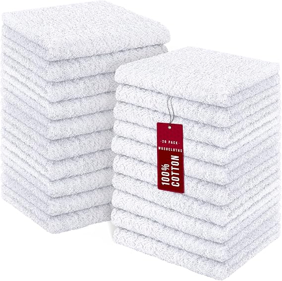 DecorRack 20 Pack 100% Cotton Wash Cloth, Luxurious Soft, 12 x 12 inch Ultra Absorbent, Machine Washable Premium Quality Washcloths, White (20 Pack)