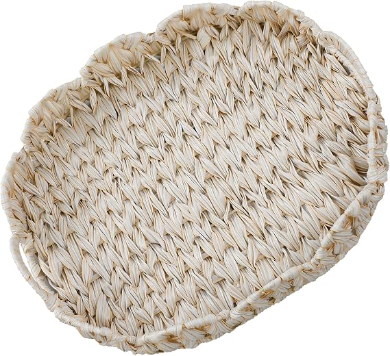 Coeusy 16.5 inch Round Wicker Tray, Boho Decorative Coffee Table Tray,Woven Serving Tray with Handles,Wicker Scallop Basket