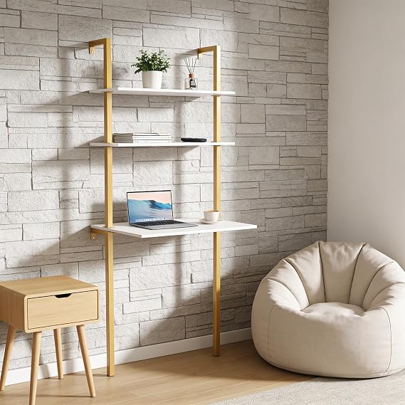 Wall Desk, Ladder Desk, Wall Mounted Computer Writing Table, 3-Tier Industrial Laptop Desks with Power Strip, Storage Shelf Cabinet for Home, Office, Student Dormitories (Gold, White)