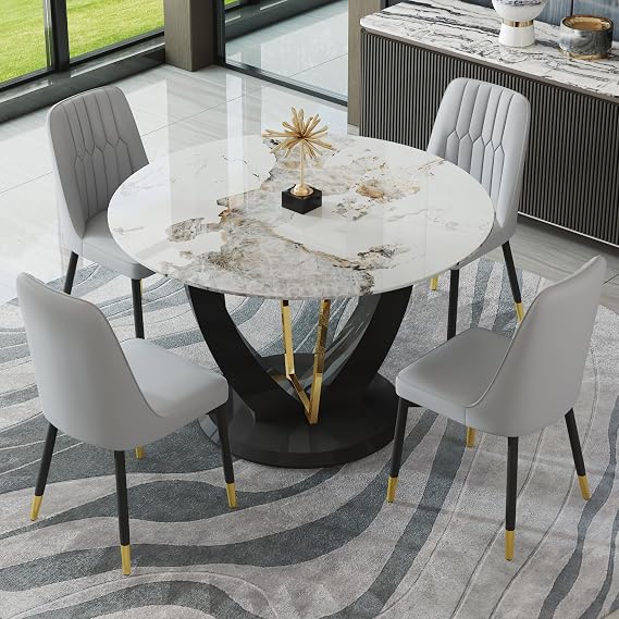 48" Round Dining Table Set for 4 with Light Gray Upholstered Chairs