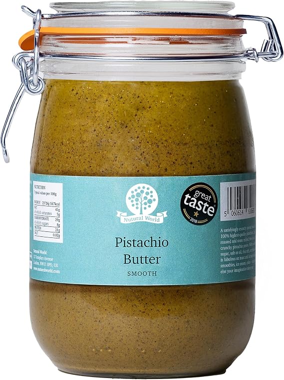 Nutural World - Smooth Pistachio Nut Butter (1kg) ***Reusable Glass Jar*** Great Taste Award Winner - 100% Pure - Single Ingredient