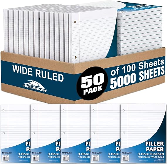 Trail Maker (50 Pack) Bulk Filler Paper Wide Ruled, 8 x 10-1/2 Inch Wide Ruled Paper, 3 Hole Punch, Loose Leaf Notebook Paper for 3 Ring Binders, 5000 sheets total