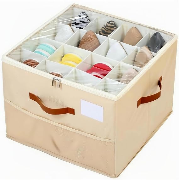 Shoe Storage Box, Fits 16 Pairs, Foldable Shoe Organiser with Clear Zip Cover, Adjustable Dividers & Handles, Space Saver Shoes Holder for Closet & Wardrobe