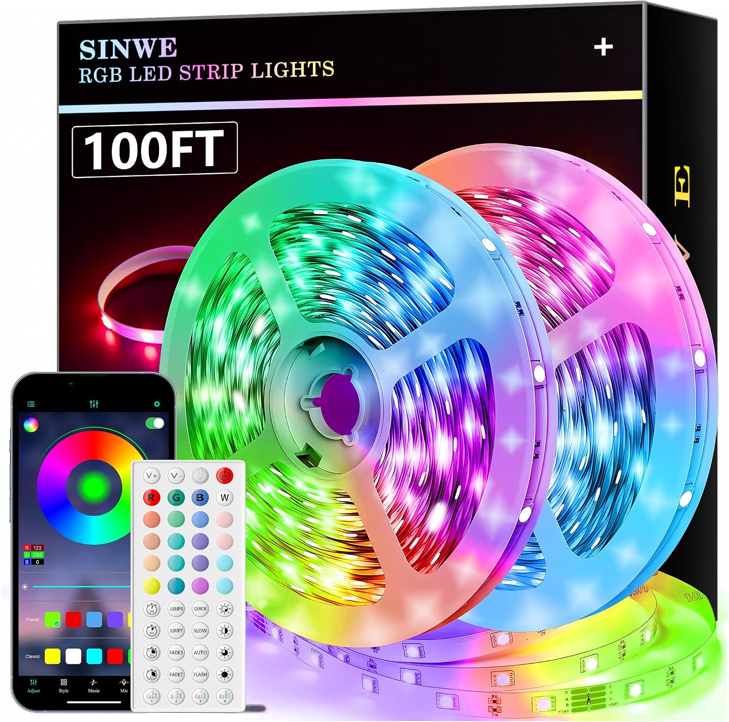 SINWE 100ft Led Lights for Bedroom,Music Sync Led Strip Lights with 44 Keys Remote and App Control,Color Changing RGB Led Lights for Room Home Kitchen Party Christmas Decoration 2 roll of 50ft