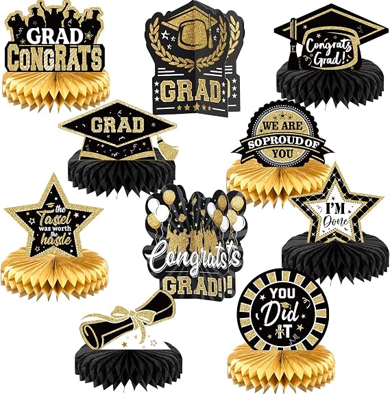 Yisong 10 Pcs Gold Graduation Table Decorations 2026, Graduation Centerpieces for Tables, Class of 2026 Congrats Grad Honeycomb Centerpieces, Grad Table Toppers for Party Supplies