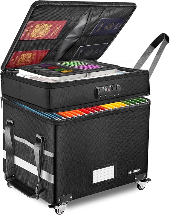 File Box with Lock, Fireproof Document Box with Wheels | Collapsible File Organizer Box, File Storage Box for Home & Office, Filing Cabinet for Hanging Letter/Legal Folders, Black