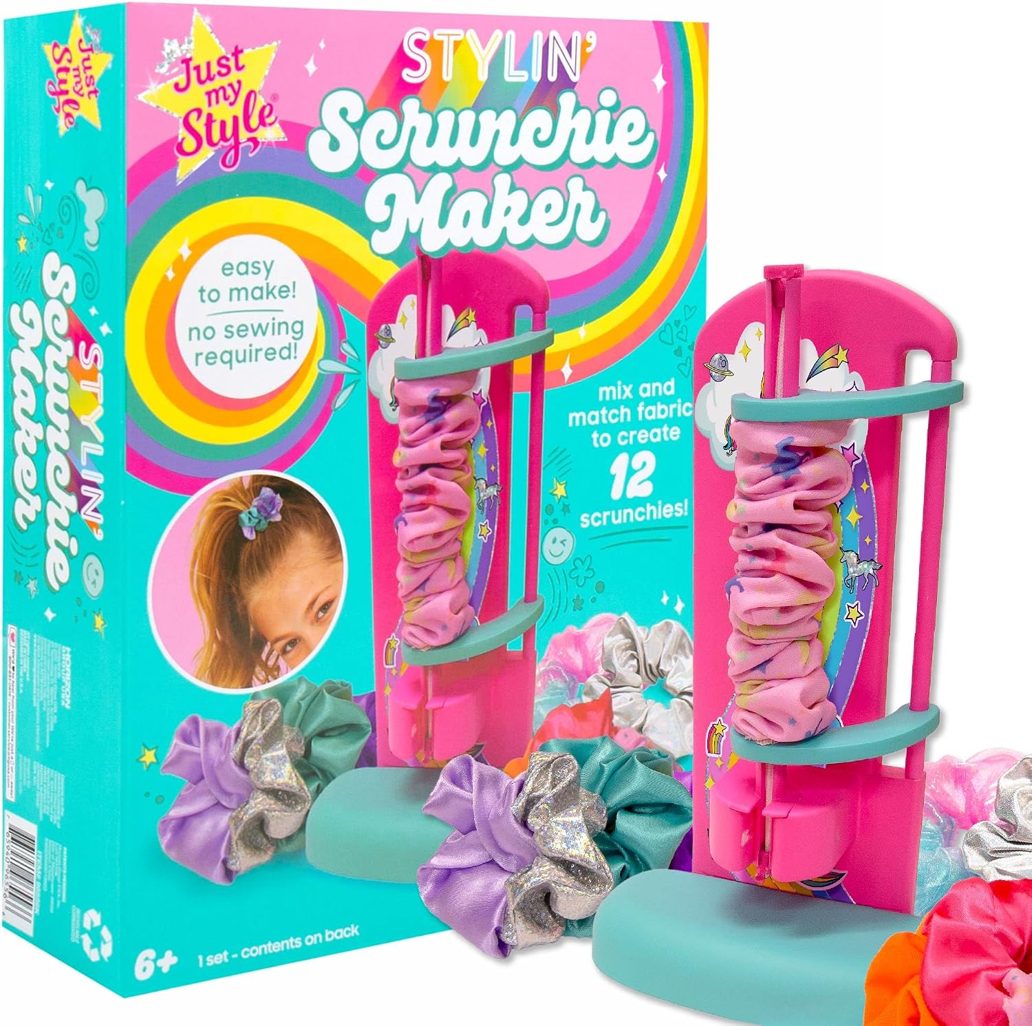 Just My Style D.I.Y. Scrunchie Maker by Horizon Group USA, Design Your Own Colorful Satin Scrunchies Hair Bands, Easy-to-Use Tool & Gemstones Included