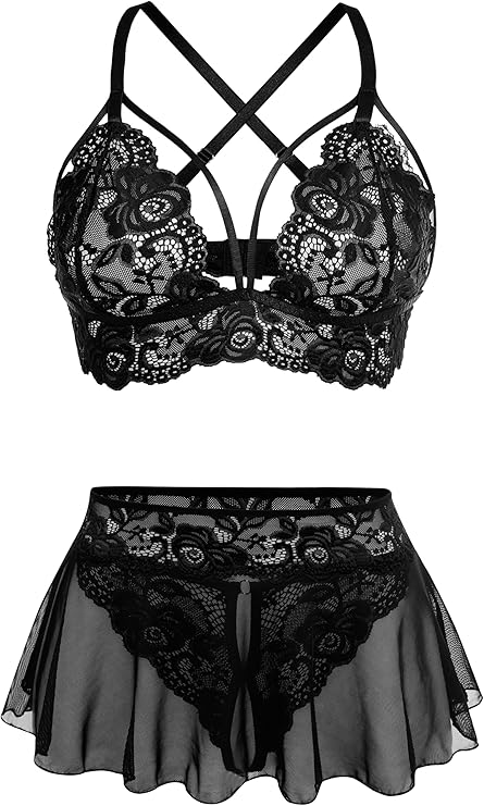 Sexy Lingerie for Women Naughty 3 Piece Bralette, Mini Skirt with G-String Crotchless Lingerie Set