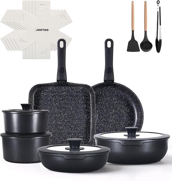 JEETEE 19pcs Pots and Pans Set Non Stick with Detachable Handle Black