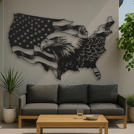 Metal American Flag Wall Art with Bald Eagle Black Patriotic Wall Decor for Living Room Garage Office Large USA Flag Eagle Wall Sculpture (Black, 24" x 15" / 60 x 37 cm)