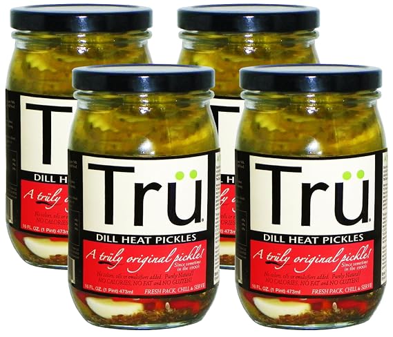 Tru Dill Heat Pickles Pure Natural Pickles with Perfect Balance of Seasonings - No Colors, Oil, Emulsifiers | Kosher & Gluten Free | Classic Original Flavor Since 1900s | 16 Fl Oz (Pack of 4)