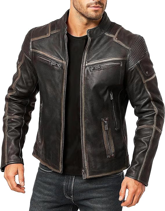 Mens Leather Motorcycle Jacket with Armor Moto Gear Biker Padded Powersports Protective Jackets