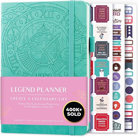 Legend Planner Undated, Weekly & Daily Goal Journal, A5 Aquamarine | 5.8x8.3 hardcover, 120gsm paper, life goal planner for teenagers & adults, habit tracker, to-do list, monthly calendars