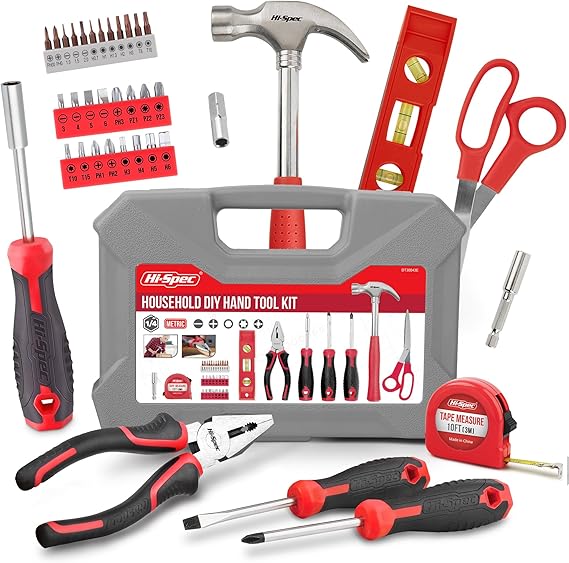 Hi-Spec New Home Tool Kit with Hammer, Pliers & Screwdrivers, Red | Faster screwdriving, less hand strain, compact case storage, 42pc included, LED assisted work, assembly and repairs