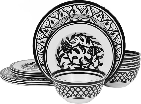 Melamine Dinnerware Sets-12pcs Melamine Plates and Bowls Set, Round | Unbreakable, Dishwasher Safe, Indoor Outdoor Use, Ideals for Parties, Camping Dish Set, Black and White Pattern