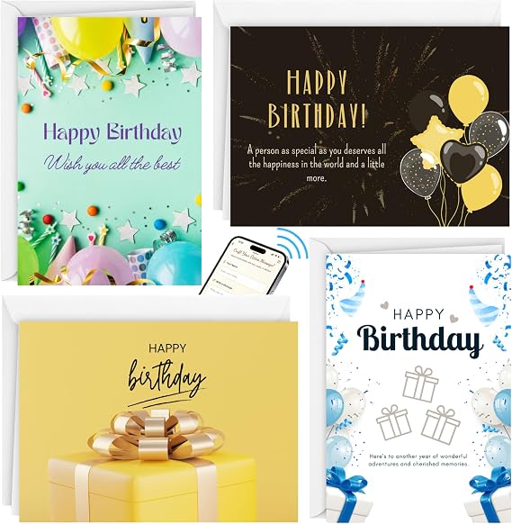 4 Set Recordable Video Birthday Card with NFC - Record Personal Voice & Photo Messages - Scan to View Messages - Unique Long Distance Gift for Mom/Boyfriend, Personalized Gift for Him or Her