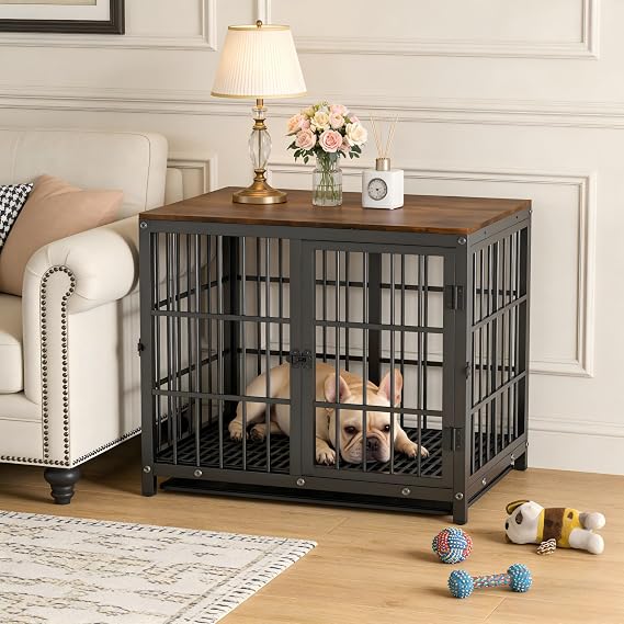 Bingopaw Dog Crate Furniture: 30Inch Puppy Cage Connectable with Wooden Top - Side Table Doggie House with Three Doors and Removable Tray