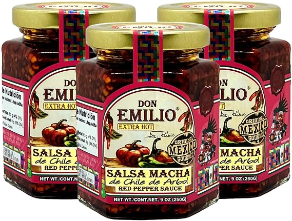 Don Emilio 3 Pack Hot Chili Arbol Salsa Macha - Premium 9 oz Jar | Artisanal Mexican Gourmet Topping, Crunchy Red Pepper Chili Oil (3 Pack 9 oz Units)