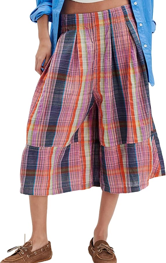 TERIVEEK Summer Boho Wide Leg Culotte Pants for Women Casual Loose Elastic Waisted Palazzo Trousers Plaid Capris with Pockets Pink