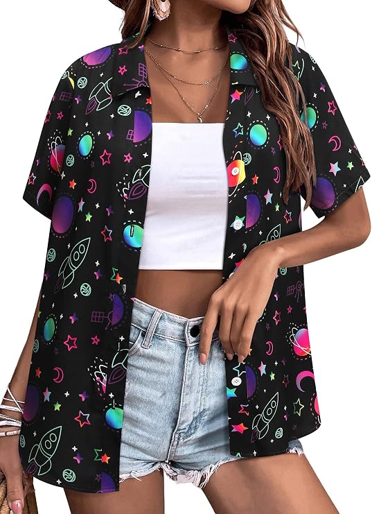 Womens Space Button Down Shirt Funny Astronaut Planet Galaxy Graphic Blouse