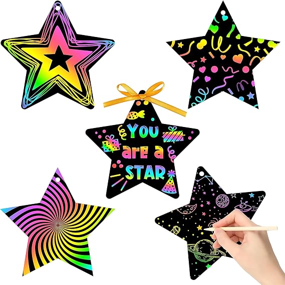 24pcs Star Scratch Art Paper, Rainbow Scratch Cards with Stylus for Kids