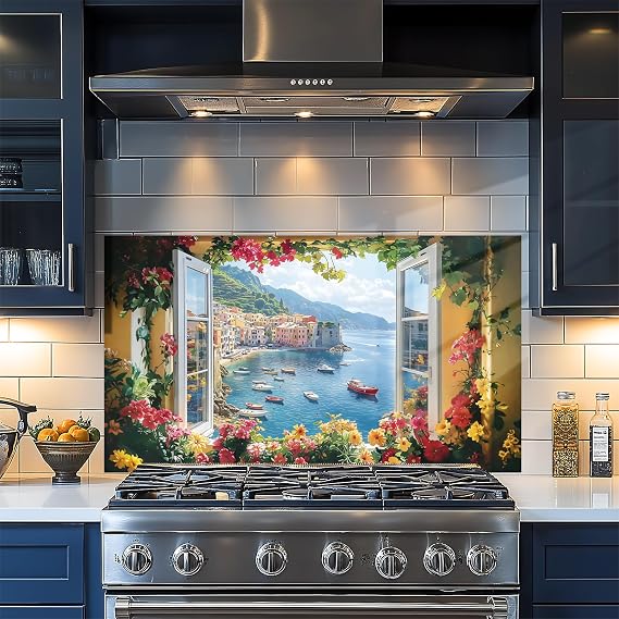 Kitchen Wallpaper Self Adhesive Oil Proof Sticker Waterproof Backsplash Wall Protector Film Removable Paper for Cupboard 30 X 16 inch (Sea View Window, 30L x16W)