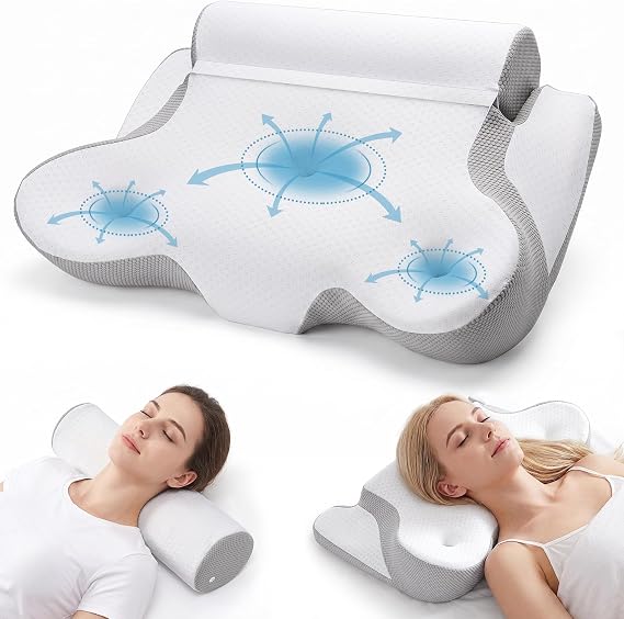 TOPESCT Cervical Pillow for Neck and Shoulder Support, Ergonomic Memory Foam Pillows, 2 in 1 Neck Pillows & Roll Side Sleeper Pillow - Cooling Fabrics (Light Grey)