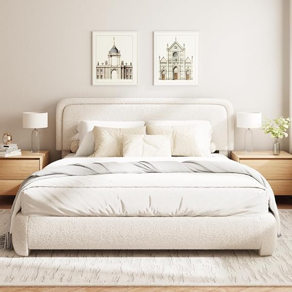 Queen Size Boucle Bed Frame, Upholstered Platform Bed with Height Adjustable Headboard & Soft Rounded Corners, Noise Free, Easy Assembly, No Box Spring Needed, Beige