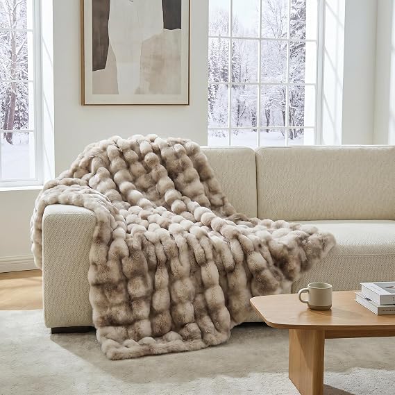 Faux Fur Throw Blanket 50x60 Inches, 800GSM Soft Plush Thick Bubble Blanket for Couch and Bed, Fuzzy Soft Tie-Dye Brown Faux Rabbit Fur Blanket for Sofa Living Room Bedroom