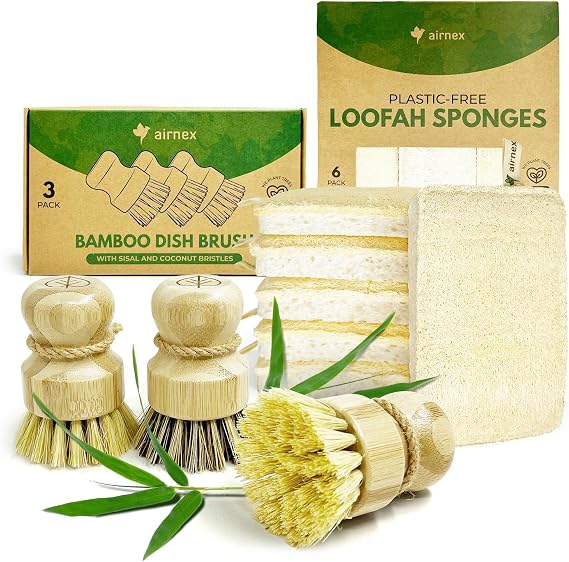 Natural Loofah Sponges for Dishes Pack of 6 and Bamboo Dish Brush Set of 3 - Compostable Loofah and 100% Plant-Based Kitchen Dish Brush Bamboo with Sisal and Coconut Bristles, 2 No Scratch Brush Types