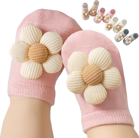 Toddler Grip Baby Girl Socks Non Slip Ankle Flower Socks for Babies Anti Skid Grippers Low Cut for Infants 4 Pairs