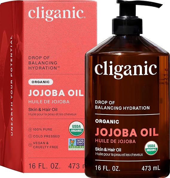 Cliganic Organic Jojoba Oil 16oz with Pump, 100% Pure | Bulk, Moisturizing Oil for Face, Hair, Skin &amp; Nails | Natural Cold Pressed