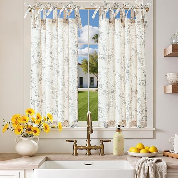 jinchan Grey Floral Kitchen Tier Curtains Alisa 36 Inches Tie Top 2 Panles | Linen blend fabric, light filtering, cottage farmhouse, cafe curtains for small window, over sink, bathroom, laundry room