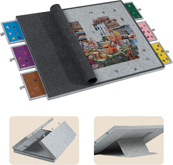 Tektalk 2000 Piece Foldable Jigsaw Puzzle Table with Cover, 3-Tilting-Angle Plateau, Lightweight Portable Felt Puzzle Board with 6 Sorting Drawers (Light Gray)