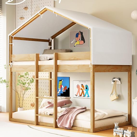 Twin Over Twin Wooden House Bunk Bed with Roof Frame and Tent, Floor Bunk Bed with Ladder and Safety Guardrail for Kids Teens Girls Boys, No Box Spring Needed (Natural-09)