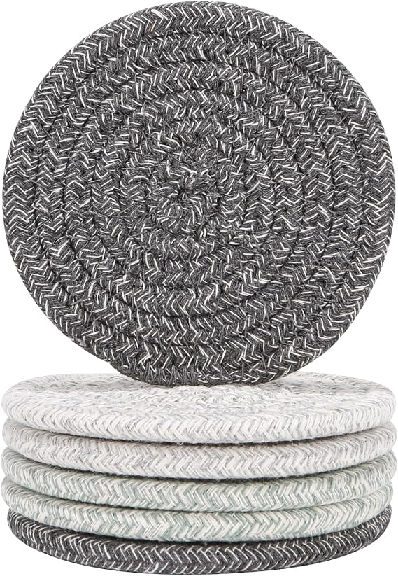 Absorbent Coasters for Drinks Set of 6, Woven Coaster Set, Soft Washable Drink Coasters,Small Cute Braided Placemats (3colors)