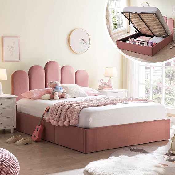 Queen Upholstered Platform Bed with Hydraulic Lift Storage, Headboard