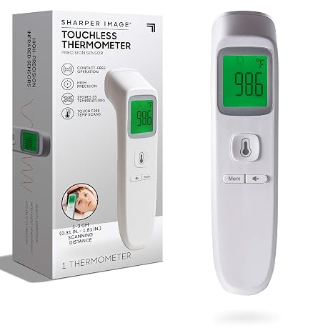 SHARPER IMAGE Digital Touchless Smart Forehead Thermometer, High-Precision Infrared Sensors, Stores 35 Readings, Touch-Free Temp Scans, Battery Powered, Built-in LED Glow Light