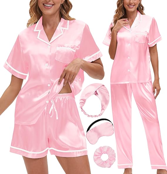 Silk Pajamas for Women 3 Piece Satin Pajama Set Summer Short Sleeve Long Pants Pjs Button Down Sleepwear with Eye Mask