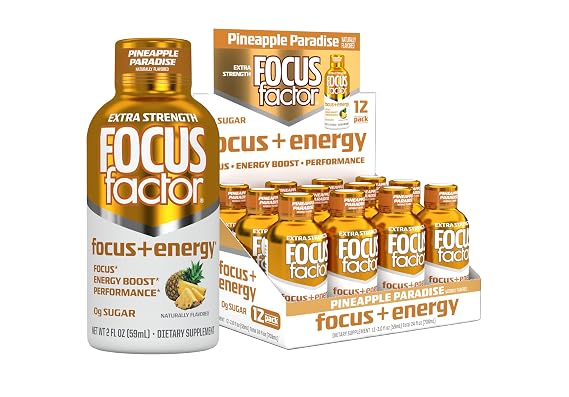Focus Factor Extra Strength Focus + Energy Shots - 12 x 2oz Bottles (Pineapple Paradise Flavor) - Powered by Nootropics with Caffeine, L-Theanine, Ginkgo, Bacopa, L-Tyrosine, Alpha GPC