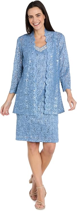 Elegant 2-Piece Lace Jacket Dress W/Scalloped Trim & Beaded V-Neckline - Formal Knee-Length Ensemble