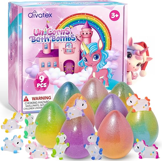 Qivatex Unicorn Bath Bombs for Girls with Toys Inside 9PCS | Birthday Gifts for Girls Natural Organic Bath Bombs Bubble Bath Toys Gift for Christmas Stocking Fillers