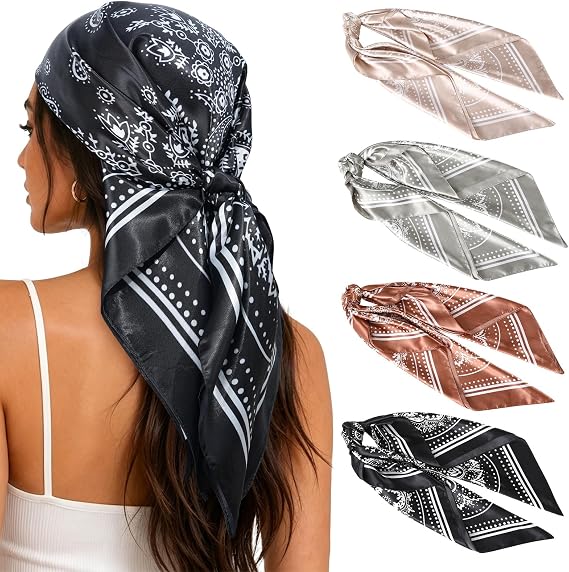 AWAYTR 4-Pack 35" Satin Head Scarves for Women, Silk-like Hair Bandanas