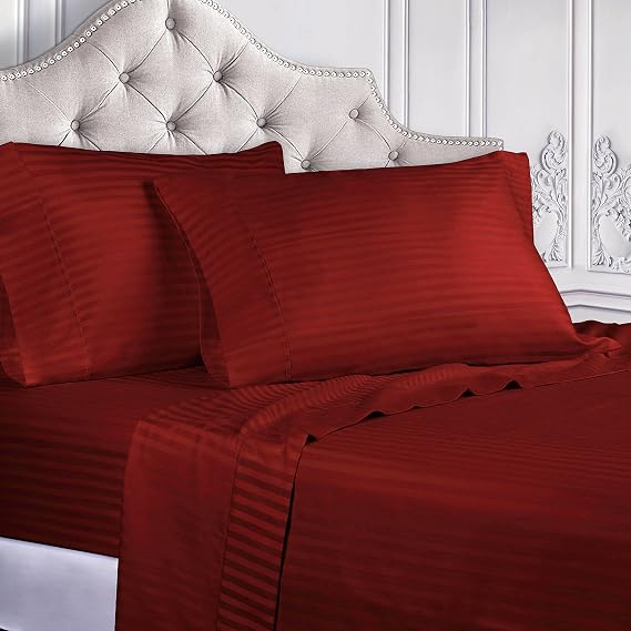 SUPERIOR Egyptian Cotton 400 Thread Count Bed Sheet Set, Striped Sateen Weave, Soft Bedding Essentials, 1 Deep Pocket Elastic Fitted Sheet, 1 Flat Sheet, 2 Pillowcases, Queen, Burgundy